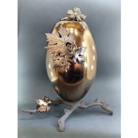   Lábon álló ovál, bronz urna patinázott és bronz levelekkel